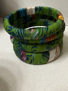 Green Floral Fabric Wrapped Bangle Bracelets